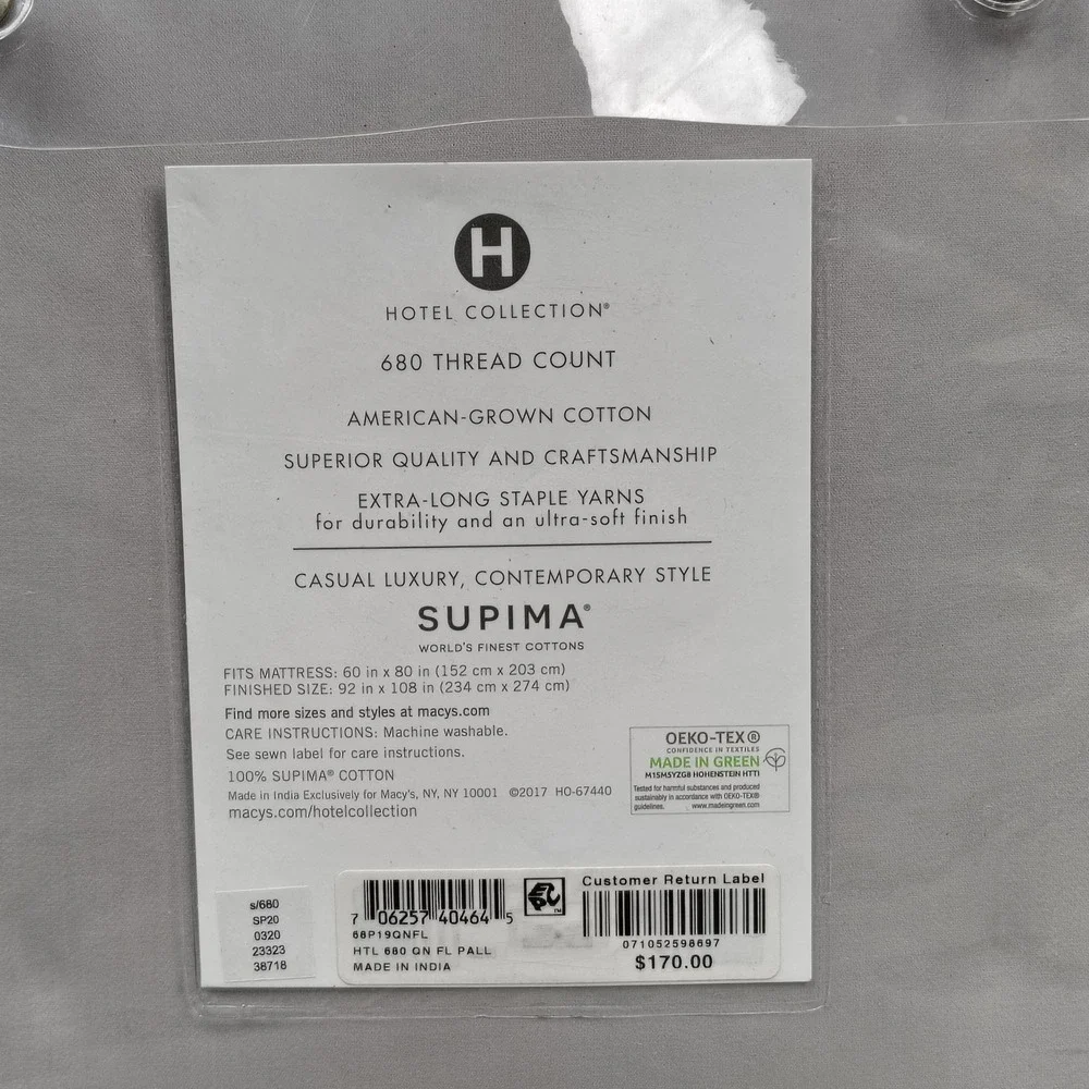 Hotel Collection Supima Cotton QUEEN Flat Sheet Gray‎ 680 Thread Count Soft New